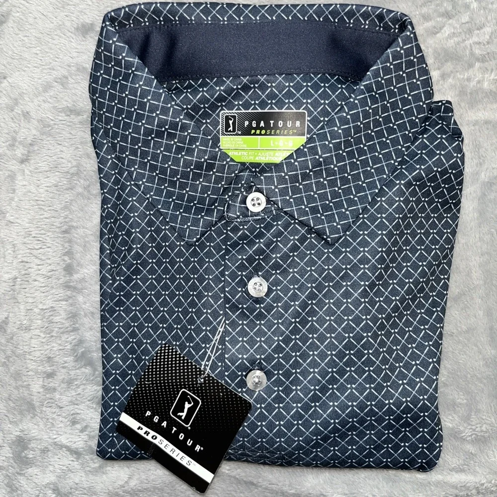 NWT‎ PGA Polo Shirt Men's L Navy Caviar Pattern Performance Wicking